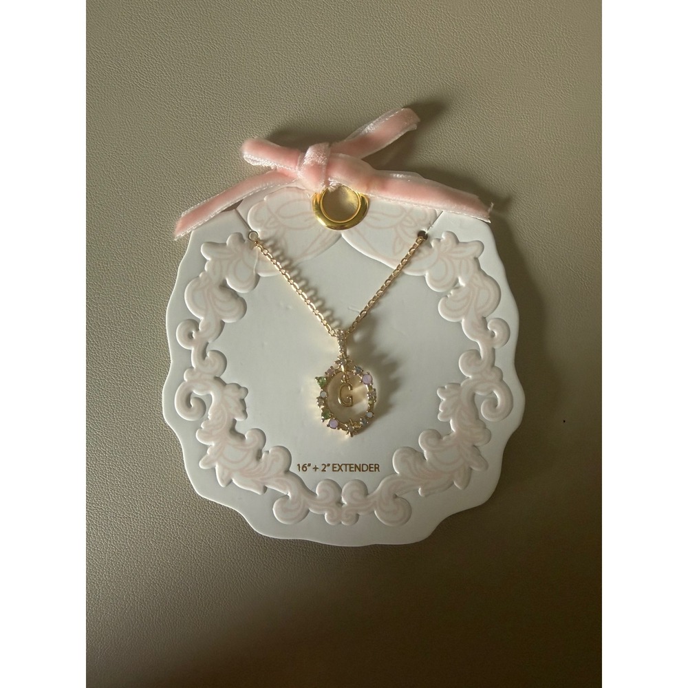Gold Initial G Necklace Pastel Multi Rhinestone Oval Frame Pendant 16+2 Inch